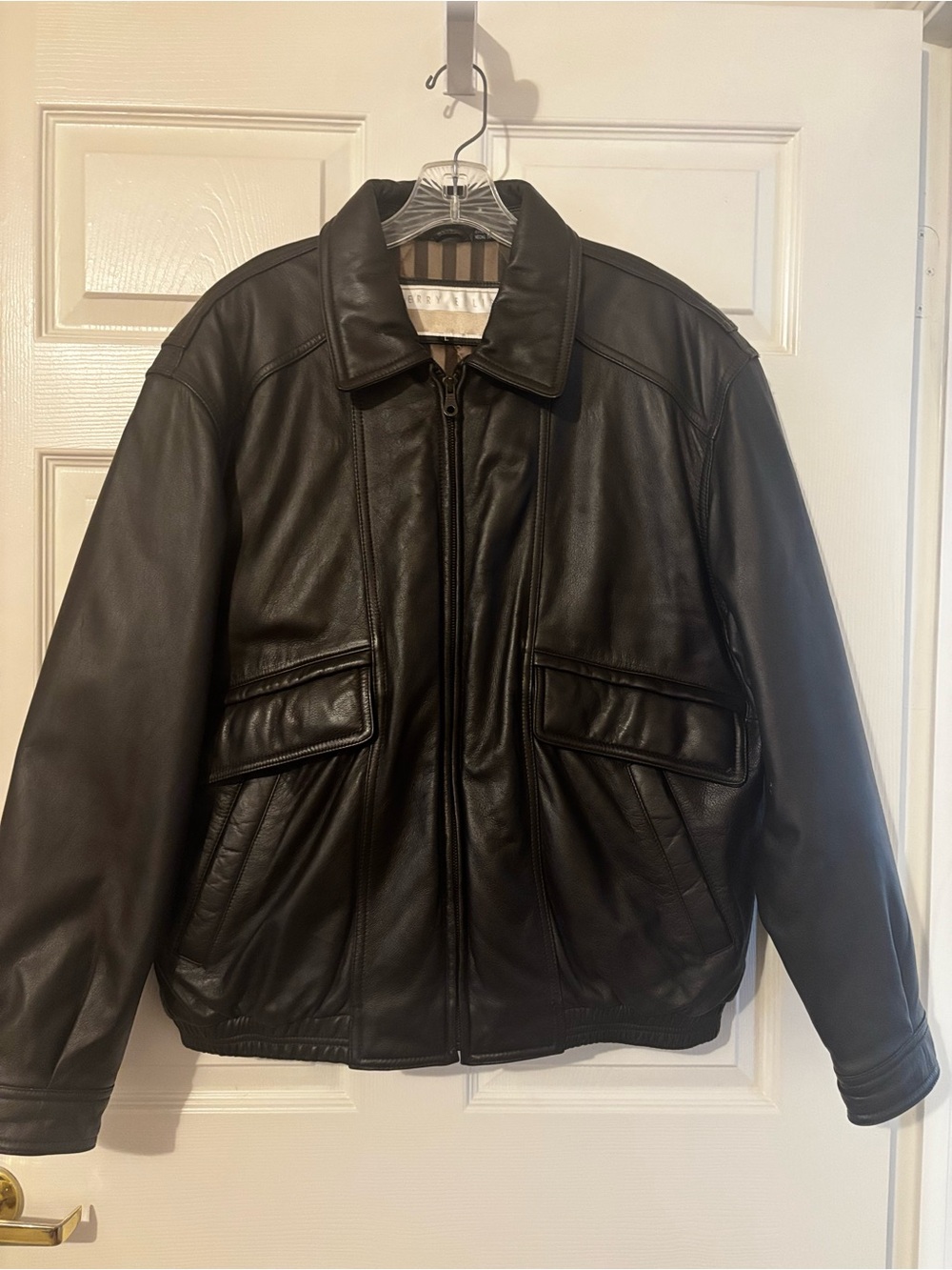 Vintage Perry Ellis Black Leather Bomber Jacket Large
